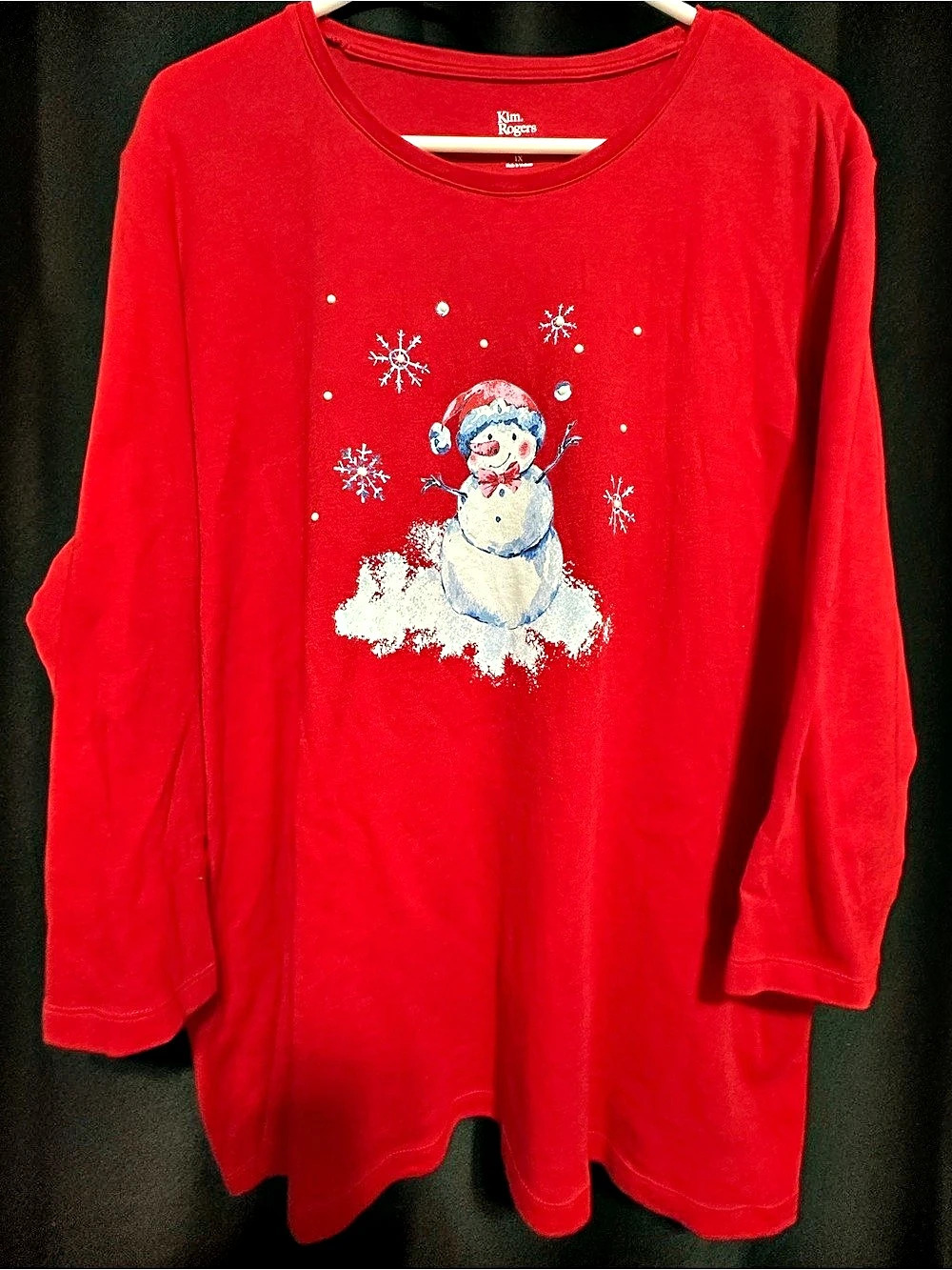 Kim Rogers Snowman Graphic 3/4 sleeve Cotton Red 1X Plus-Size Cottagecore
